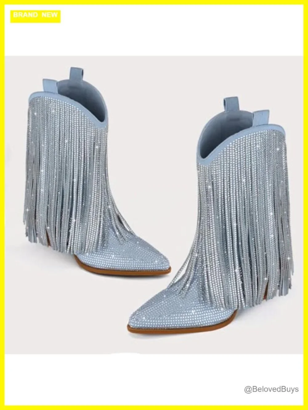 Cowgirl Western Rhinestone Fringe Chunky Heel Pointed Toe Mid Calf Boots